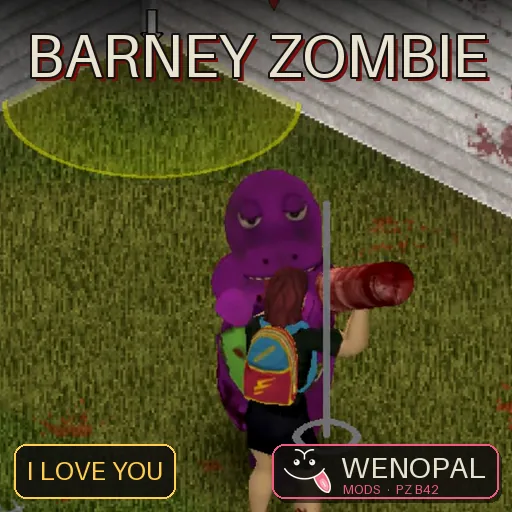 Barney Zombie – Project Zomboid mod: Barney, Baby Bop, BJ and Riff as full-body 3D zombies
