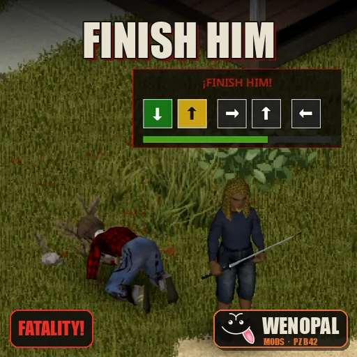 Finish Him – mod para Project Zomboid: Fatalities estilo Mortal Kombat: el zombie se arrodilla, tableros de flechas, brazos y cabeza cortados